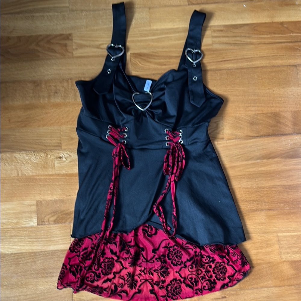 Y2K Black and Red Corset Top with Heart Details Goth Matrix Grunge Gypsy
